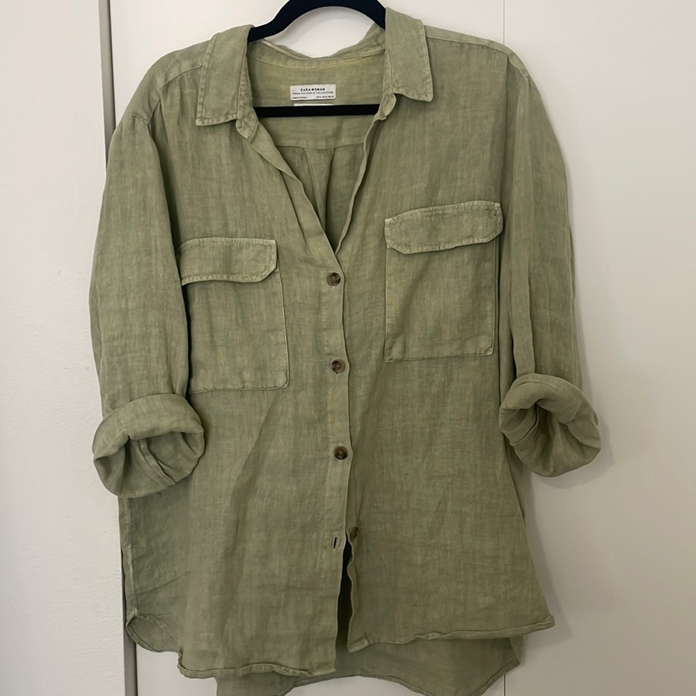 Zara 100% Green Linen Button Up